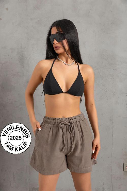 %100 Pamuk Müslin Kumaş Rahat Kesim Bağcıklı Lastikli Cepli Kadın Şort @Las Palmas