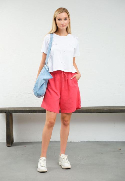 %100 Pamuk Müslin Kumaş Rahat Kesim Bağcıklı Lastikli Cepli Kadın Şort @Las Palmas