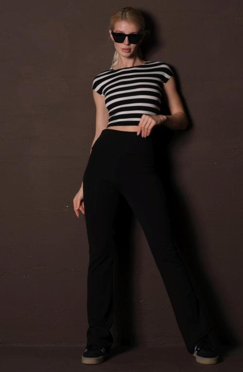 Yüksek Bel Geniş Paça İspanyol Yüksek Pamuk İçerikli Örme Kadın Yürüyüş Pantolon @Girona