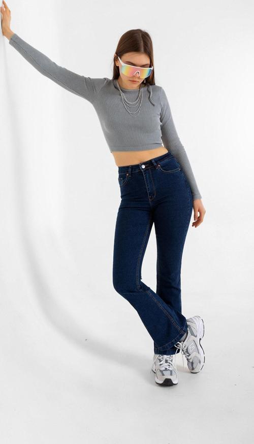 Flare Esnek Kumaş ispanyol Paça Rinse Denim Kot Fermuarlı  Kadın Jean Pantolon @Palermo