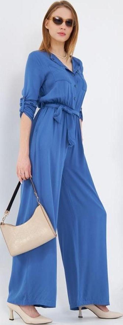 Kadın Cepli Beli Lastikli Kemerli Uzun Kollu Yaka Düğmeli Rahat Kesim Tulum 3297400