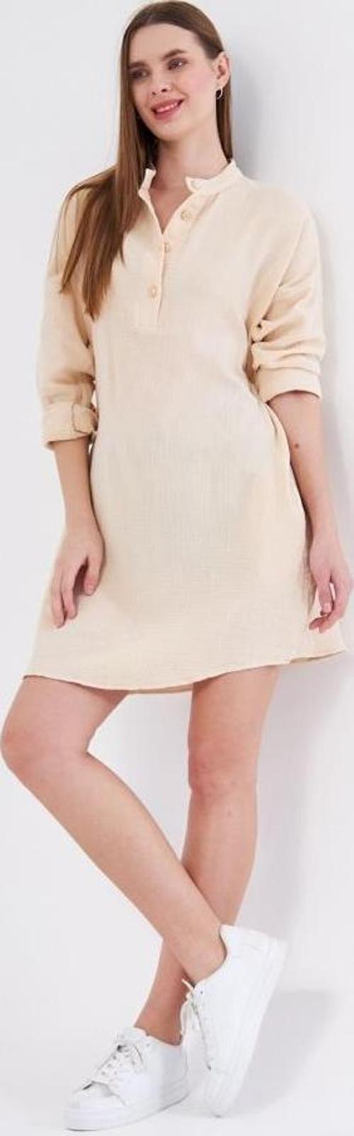 Kadın Muslin Uzun Kollu Hakim Yaka Cepli Günlük Yazlık Tunik Gömlek Elbise 3520300