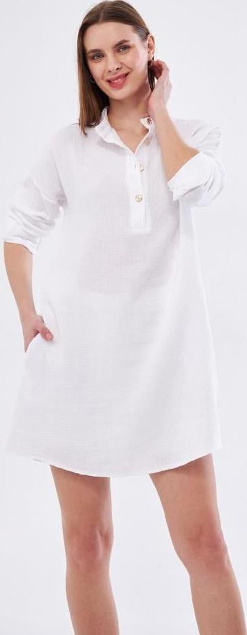 Kadın Muslin Uzun Kollu Hakim Yaka Cepli Günlük Yazlık Tunik Gömlek Elbise 3520300