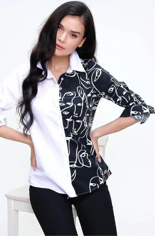 Kadın Siyah Beyaz Yüz Silüetli Uzun Kollu Rahat Tarz Basic Gömlek 7003074200