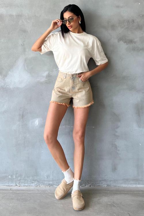 %100 Pamuk Tintli, Fermuarlı Jean Mini Kadın Denim Kot Şort @Trento