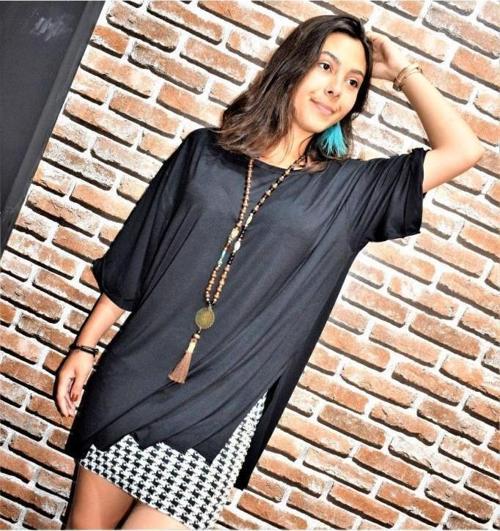 Kadın Yarım Kollu Salaş Bol Oversize Uzun Tunik T-shirt 324150