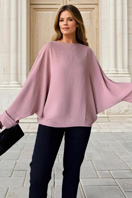 Kadın Yarasa Duble Kol Salaş Ekstra Oversize Rahat Yuvarlak Yaka Bluz 2943220