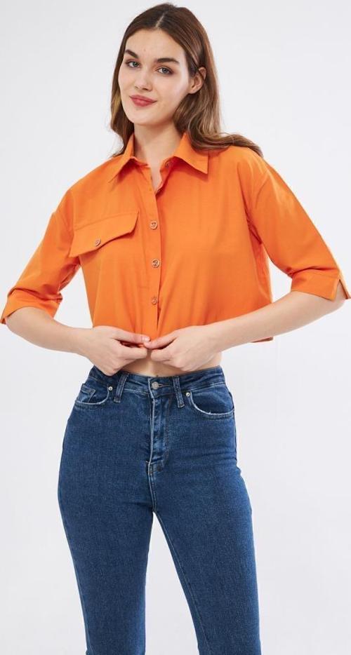 Kadın Crop Cepli Kısa Terrycotton Kaliteli Kumaş Gömlek- Krop 3533200