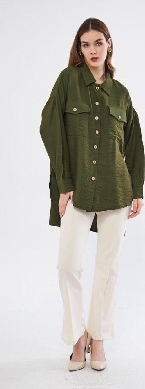 Kadın Oversize Arkası Uzun Pileli Uzun Kollu Uzun Keten Gömlek Tunik 3524310