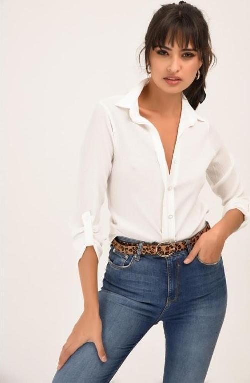 Kadın Ekru Beyaz Viskon Uzun Kollu Basic Gömlek 4094160