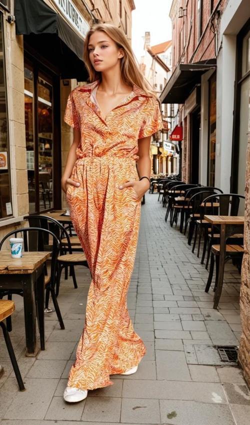 Kadın Cepli Beli Lastikli Bol Paça Gömlek Yaka Kısa Kollu Kaliteli Saten Tulum  3235400