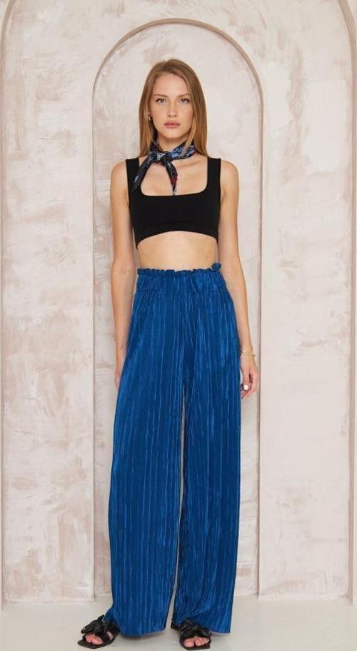 Kadın Dokulu Beli Lastikli Yüksek Bel Bol Paça Salaş Rahat Bürümcük Örme Pantolon 3578160