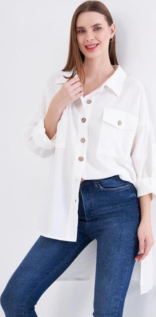 Kadın Oversize Arkası Uzun Pileli Uzun Kollu Uzun Keten Gömlek Tunik 3524310