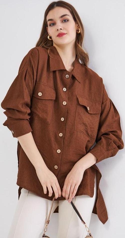 Kadın Oversize Arkası Uzun Pileli Uzun Kollu Uzun Keten Gömlek Tunik 3524310