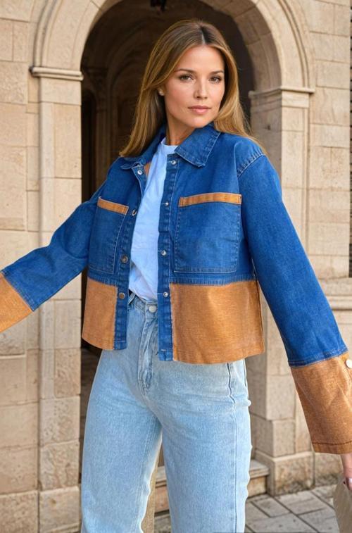 Kadın Denim Çift Renk Detaylı Manşetli Kot Ceket KT0072320