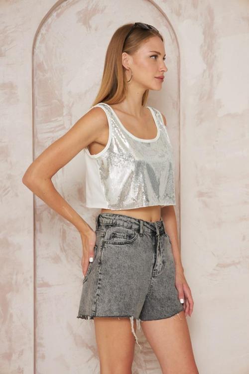 Kadın Ekru Beyaz Kalın Askılı Önü Pullu Payet Arkası Penye Salaş Crop Bluz 3643150