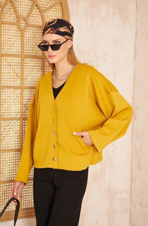 Kadın Scuba Kumaş Gümüş Düğme Detaylı Uzun Kollu Cepli Ceket Hırka 3510220