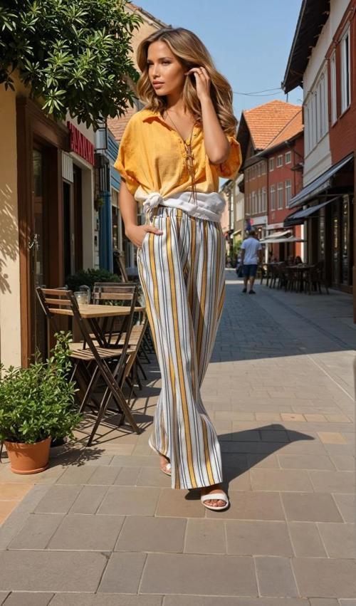 Kadın Dik Çizgili Beli Lastikli Cepli Pantolon Tesettür Pantolon 3258200