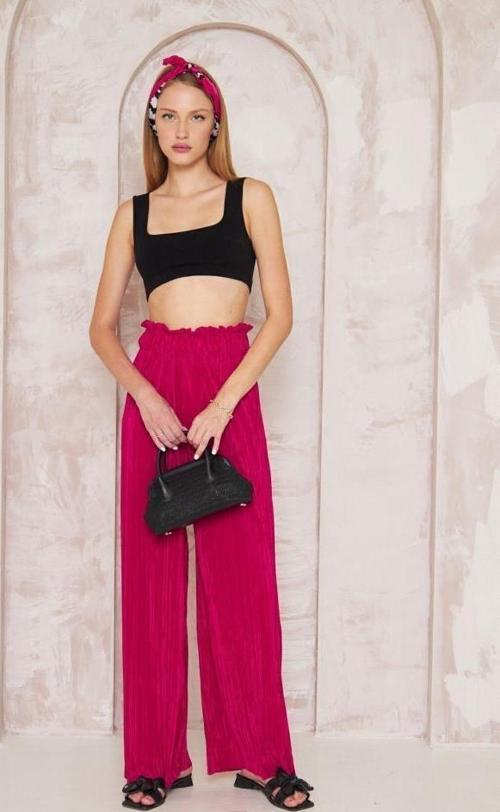 Kadın Dokulu Beli Lastikli Yüksek Bel Bol Paça Salaş Rahat Bürümcük Örme Pantolon 3578160