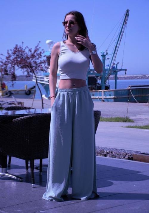 Kadın  Beli Lastikli Yandan Cepli Bol Paça Uzun Salaş Oversize Yazlık Pantolon 3391260