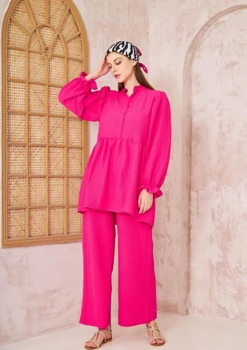 Kadın Gofre Balon Kol Büzgülü Tunik / Beli Lastikli Cepli Pantolon Tesettür Takım 3531350