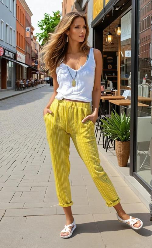 Kadın Cepli Beli Lastikli Dik Çizgili Duble Paça Rahat Yazlık Pantolon 3277200