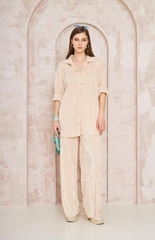 Kadın Pliseli Beli Lastikli Pantolon Tunik Gömlek Ikili Bürümcük Salaş Takım 3573330