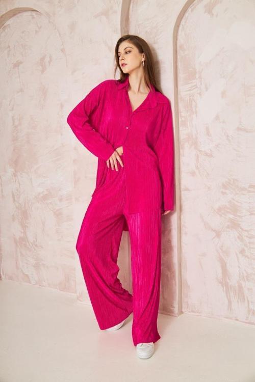 Kadın Pliseli Beli Lastikli Pantolon Tunik Gömlek Ikili Bürümcük Salaş Takım 3573330