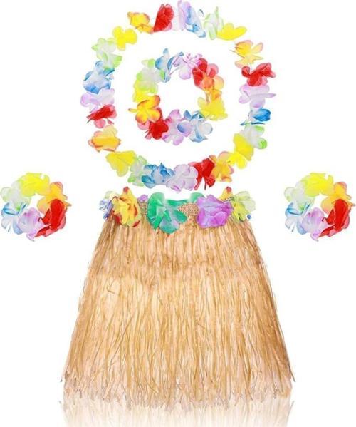 Nessiworld Yetişkin Çocuk Hawaii Parti Seti - 40 cm Naturel Etek + Çiçek Aksesuarlar (5 Parça)