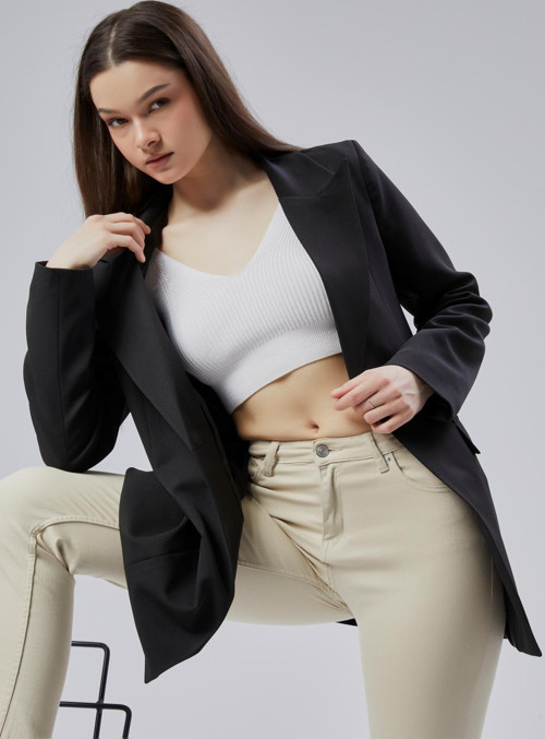 Siyah Kruvaze Uzun Blazer Ceket