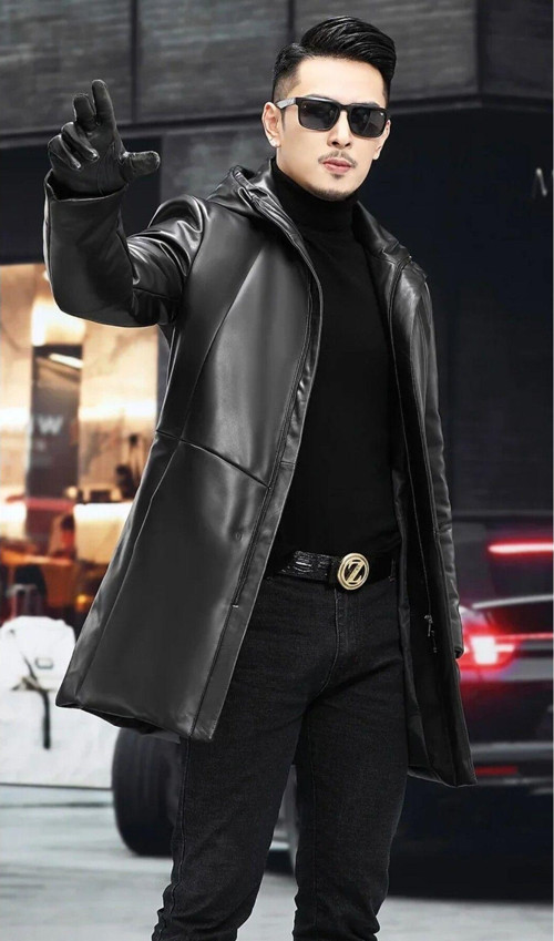 Hakiki Deri Orta Uzunlukta Kapüşonlu Mont Kaban