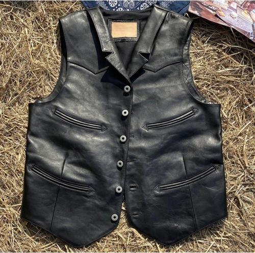 Yakalı Metal Düğmeli Yelek Hakiki Deri