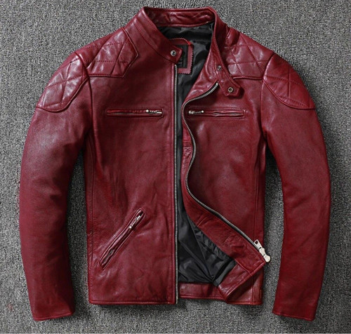 Vintage Motosiklet Şarap Kırmızı Renk Hakiki Deri Mont