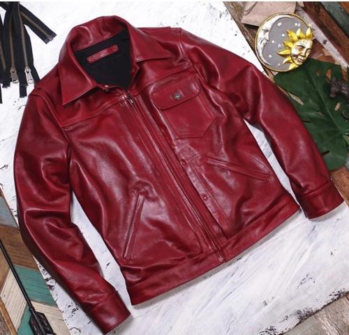Vintage Ceket Tarzı Şarap Kırmızı Renk Hakiki Deri Mont