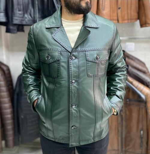 Yeşil Karartmalı Hakiki Deri Ceket Dar Kesim