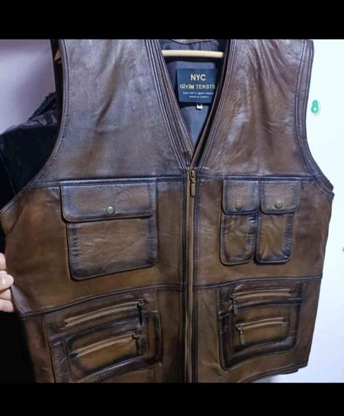 Hakiki Deri Avcı Yeleği Karartmalı Kahve