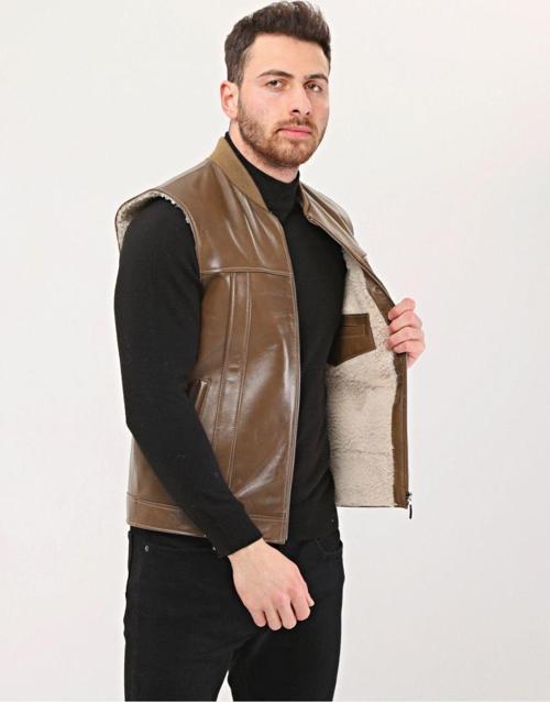 Hakiki Deri Bisiklet Yaka Içi Kürklü Yelek Kahve Renk