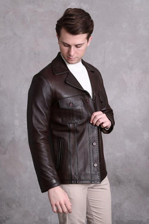 Hakiki Deri Ceket Karartmalı Koyu Kahve