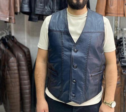 Hakiki Deri Lacivert Renk Yelek Slim Fit Kesim