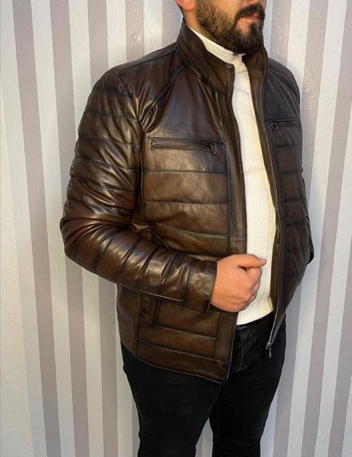 Şişme Hakiki Deri Mont Karartmalı Kahve