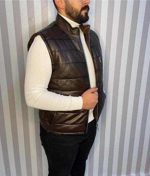 Şişme Hakiki Deri Yelek Karartmalı Kahve Gündelik,Mevsimlik Slim Fit Kesim
