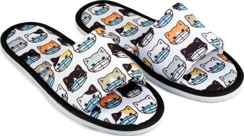 Unisex Beyaz Maskeli Kedi Desenli Önü Açık Ev Terlik Yumuşak Taban