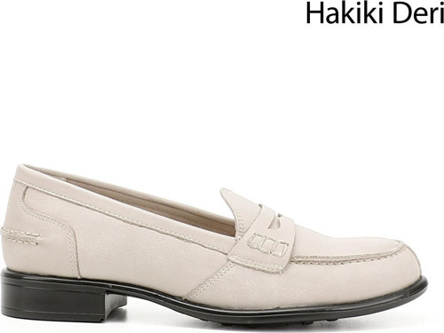 Kadın Bej Antik Hakiki Deri Loafer Ayakkabı