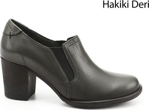 Kadın Haki Antik Orta Kalın Topuklu Hakiki Deri Ayakkabı