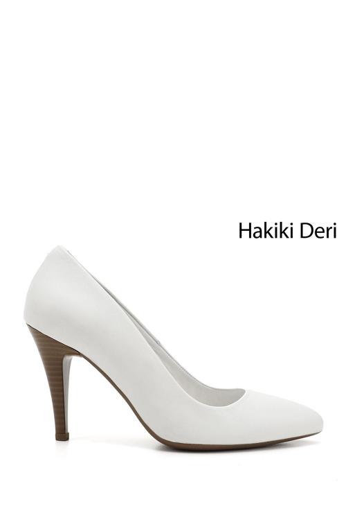 Kadın Beyaz Antik Sivri Burun İnce Topuklu Hakiki Deri Stiletto