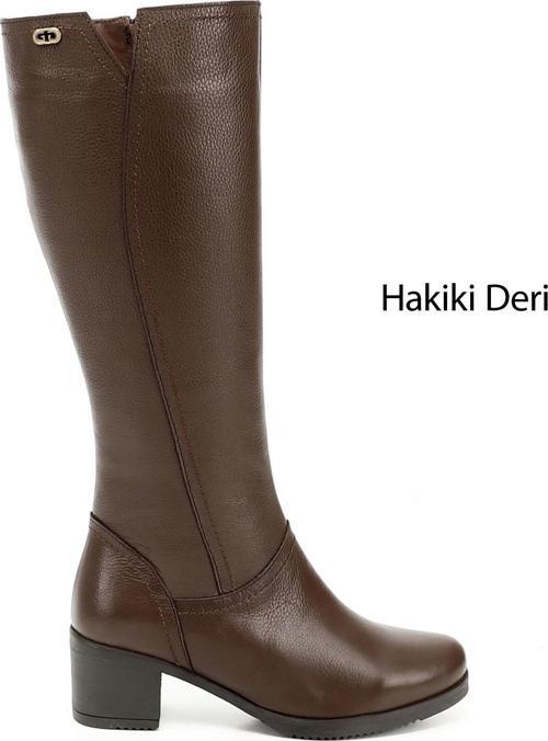 Kadın Koyu Kahve Floter Fermuarlı Kalın Topuklu Hakiki Deri Çizme