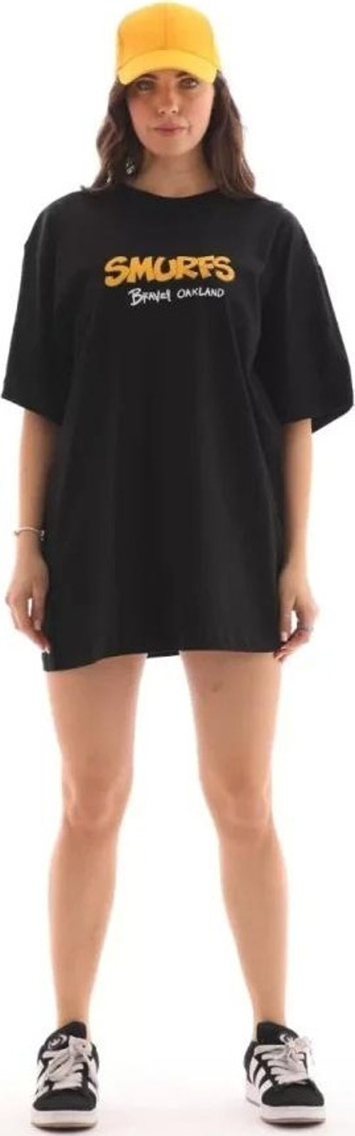 Unisex Bisiklet Yaka Baskılı Oversize T-Shirt - Siyah