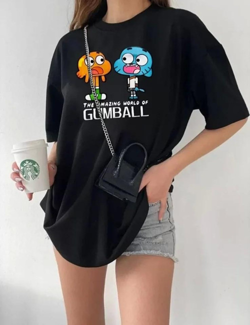 Bisiklet Yaka Baskılı Oversize T-Shirt - Siyah
