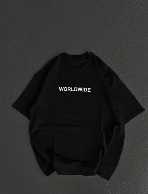Unisex Bisiklet Yaka Baskılı Oversize T-Shirt - Siyah