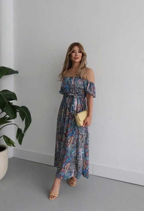 Kadın Kısa Kollu Madonna Yaka Fırfırlı Belden Yırtmaçlı Maksi Süprem Elbise